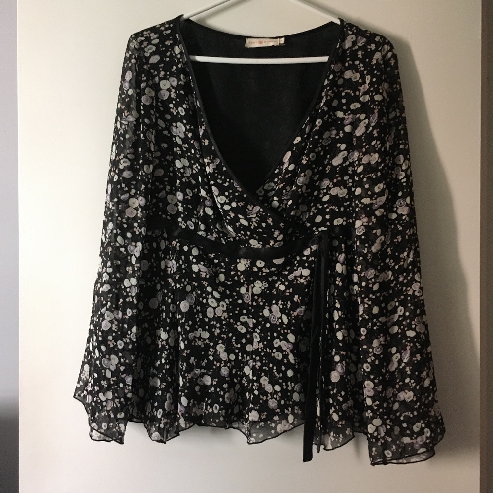 TORY BURCH Black Floral Faux Wrap V Neck Chiffon Blouse 14